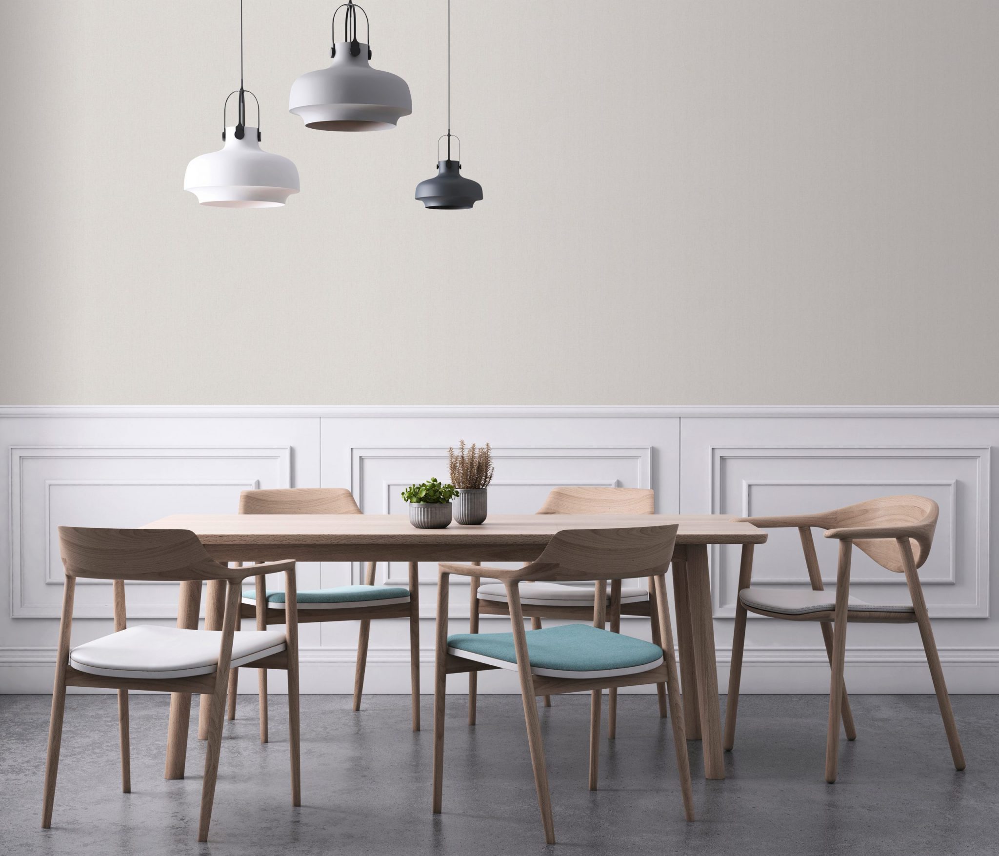 Dining room apartment interior with wooden chairs and table, green plan decoration. Concrete polished floor, and classical decoration on the wall. Grey wall copy space template mock up.